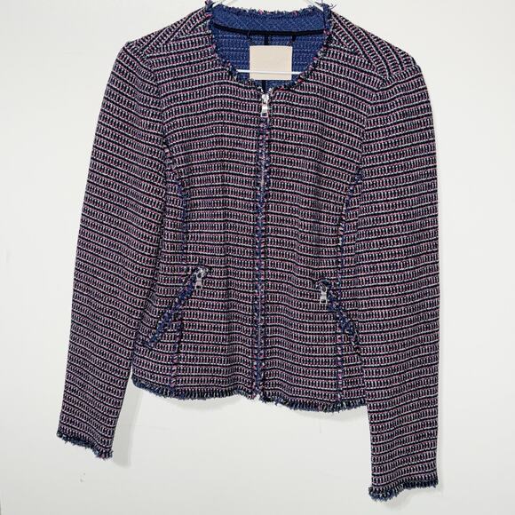 Rebecca Taylor fringe tweed zip jacket navy pink boucle work blazer - Picture 3 of 11